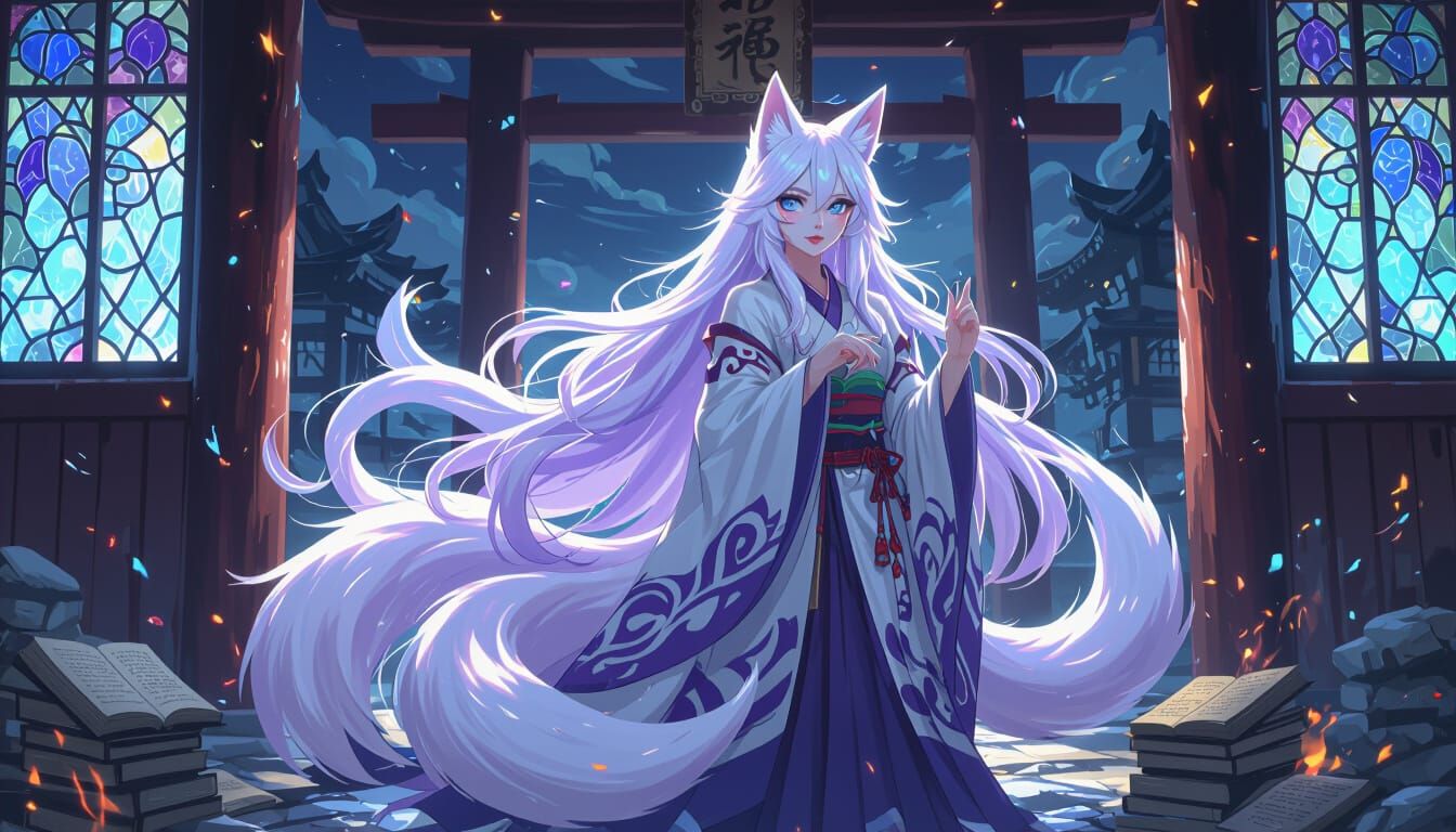 Spectral Kitsune Guards Ancient Shrine in Dark Fantasy Style