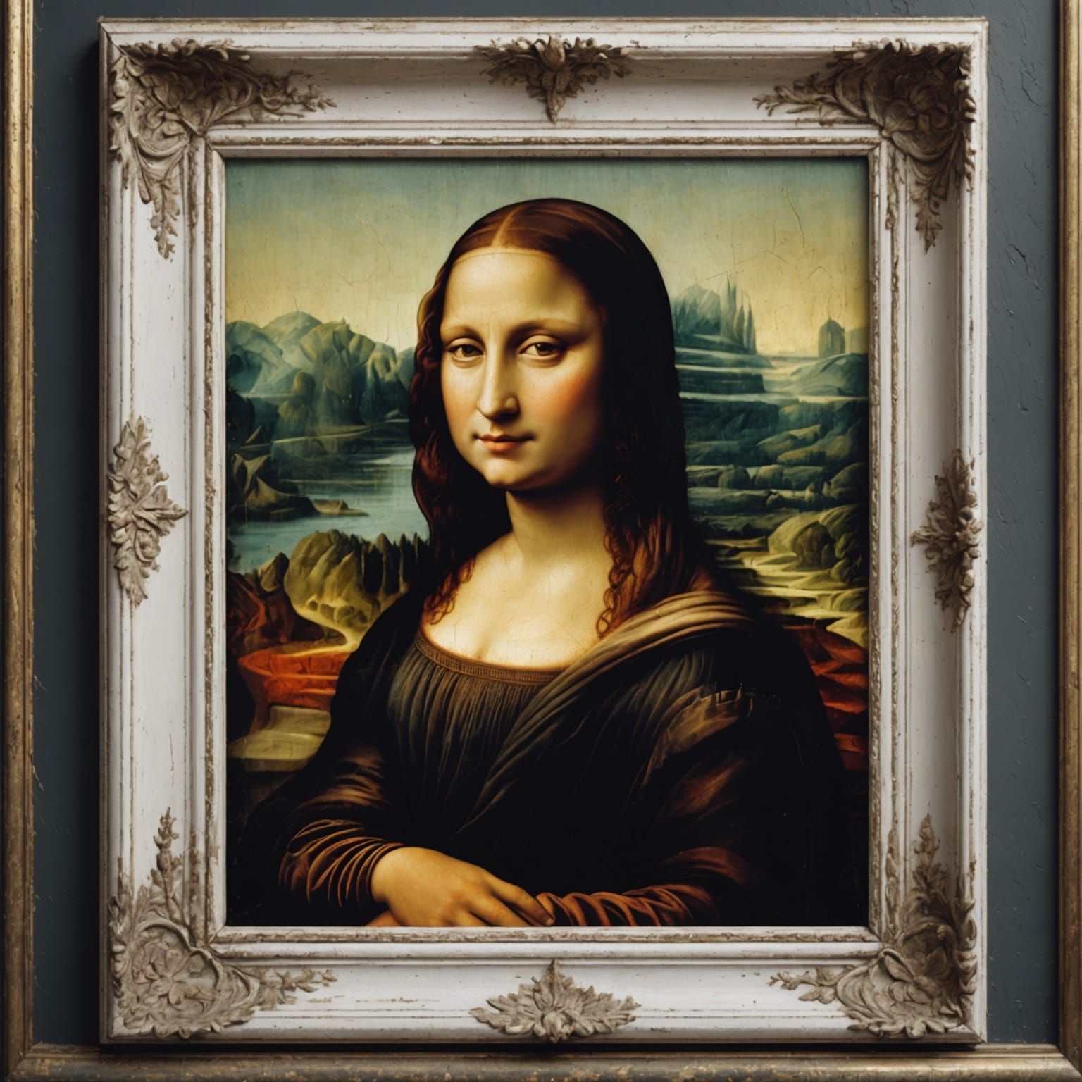 Faded Mona Lisa in White Frame: Detailed Matte Painting