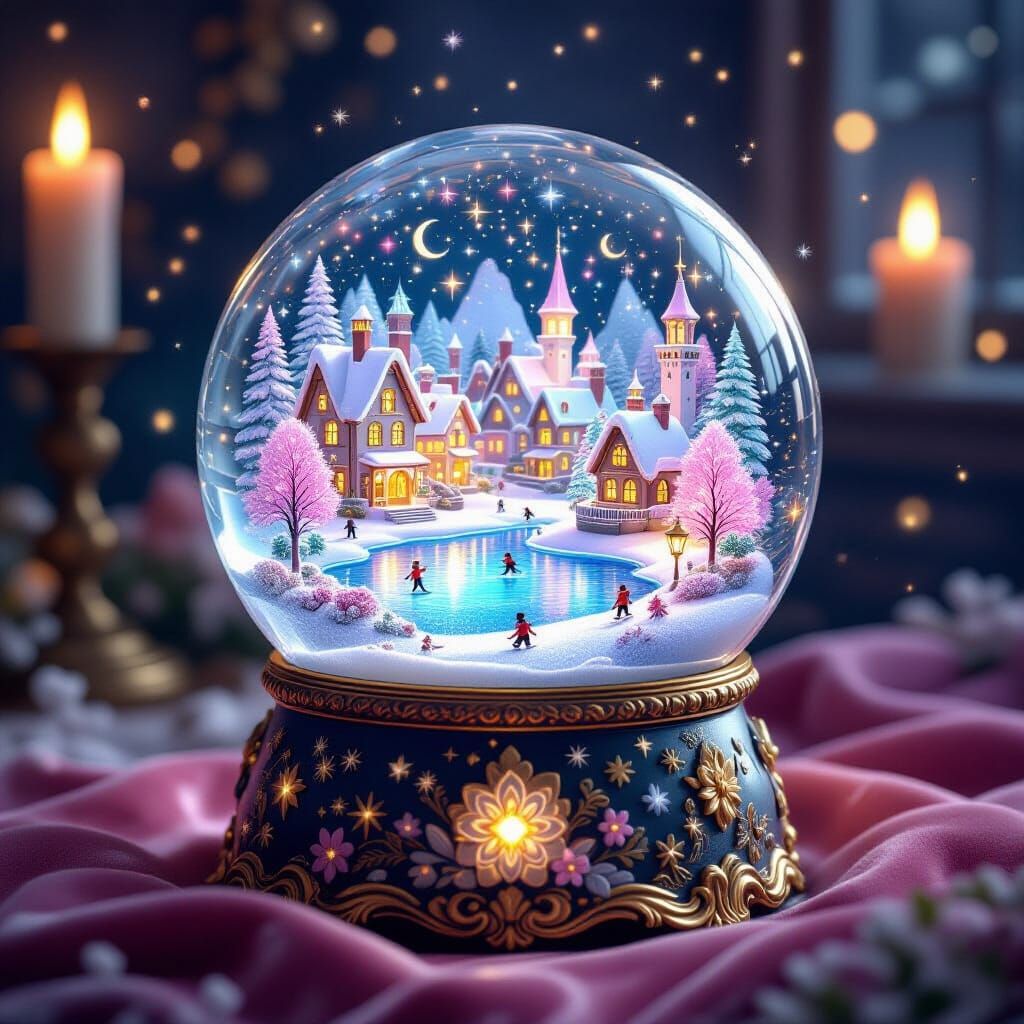 Enchanted Snow Globe with Pastel Village Illustration