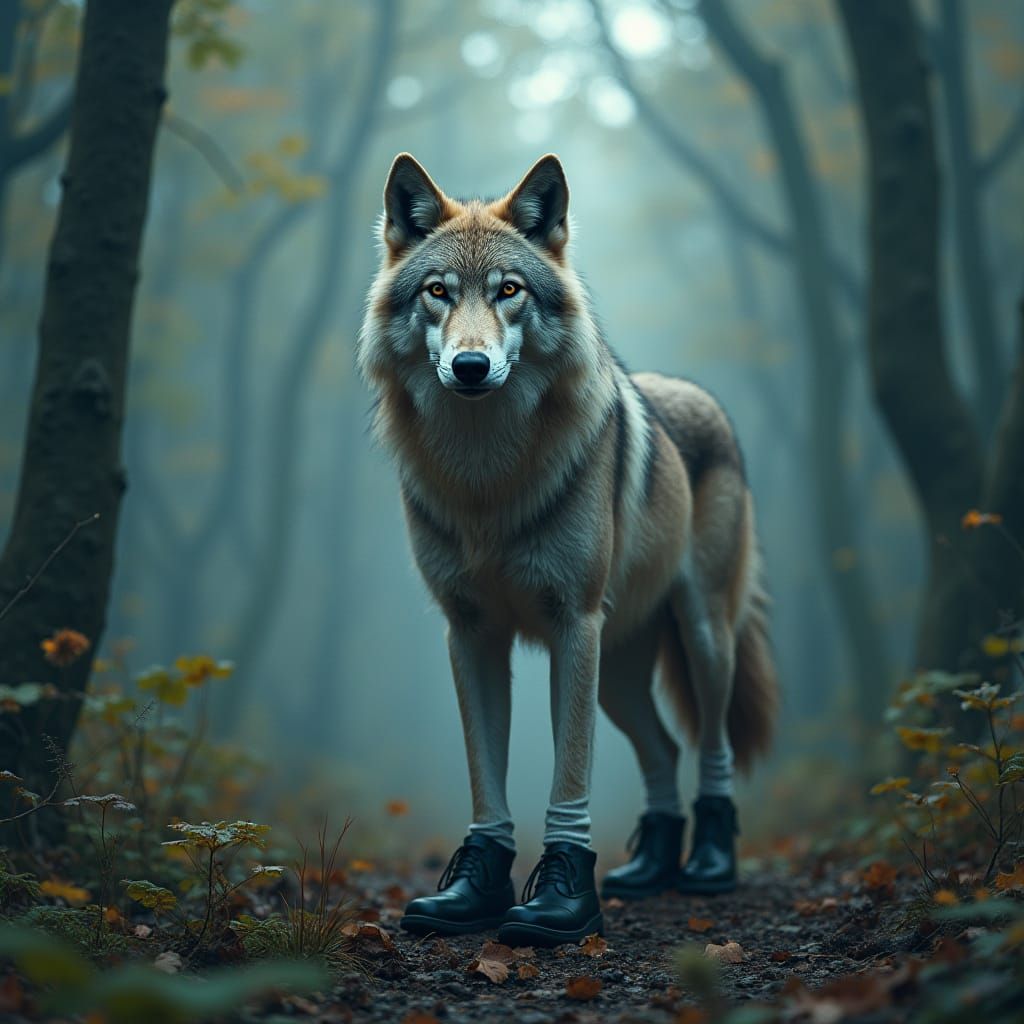 Wolf in Shoes: Cyberpunk Forest Scene
