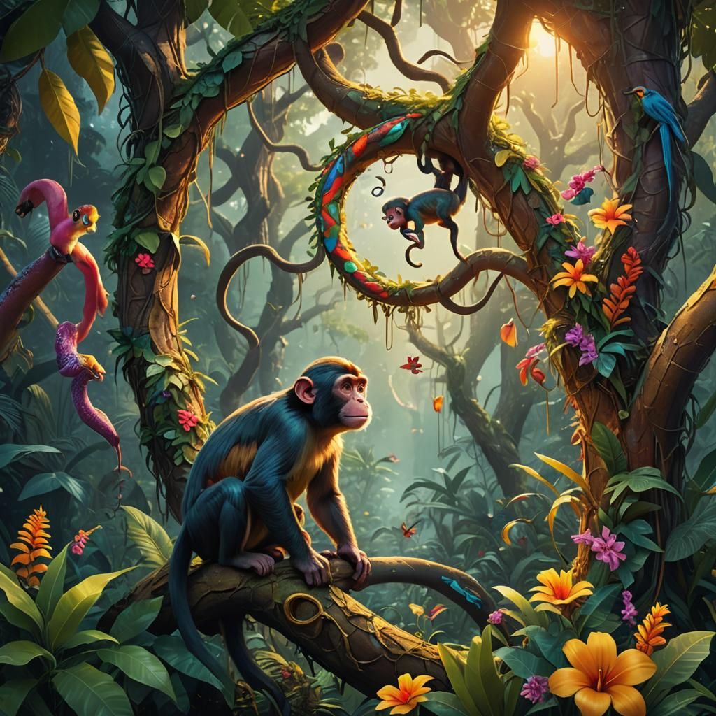 Monkey and Snake Encounter in a Jungle Paradise