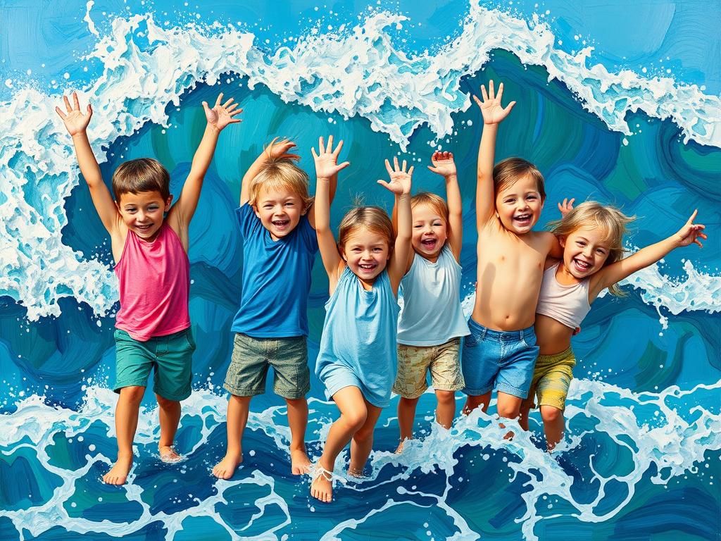 Positively dynamic impasto artwork of joyful kids in various...