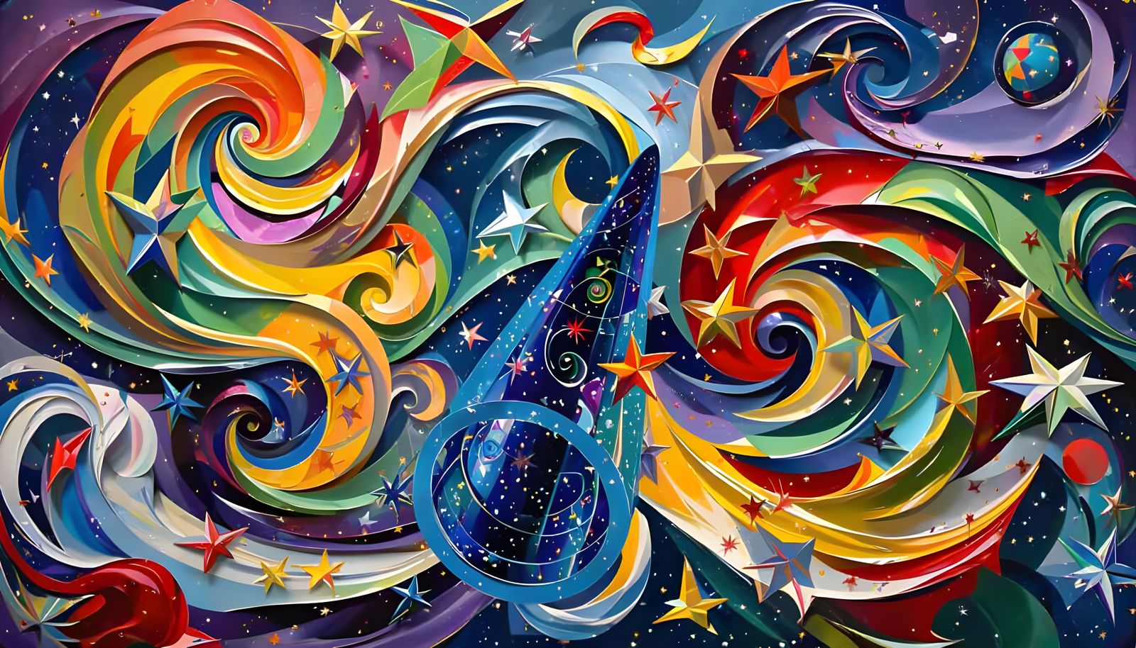 Surreal Metallic Cylinder Reflecting a Kandinsky Cosmos