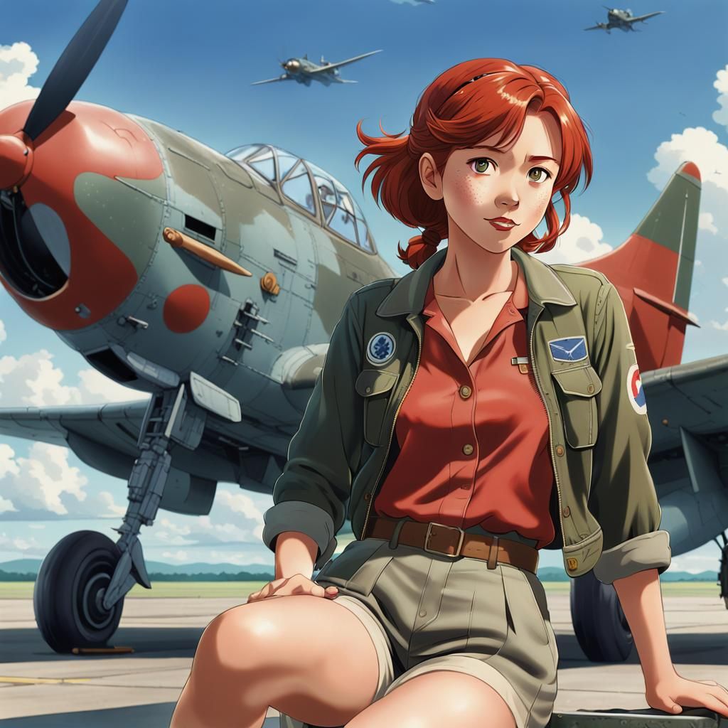 Anime Pin-Up Girl on WWII Airstrip