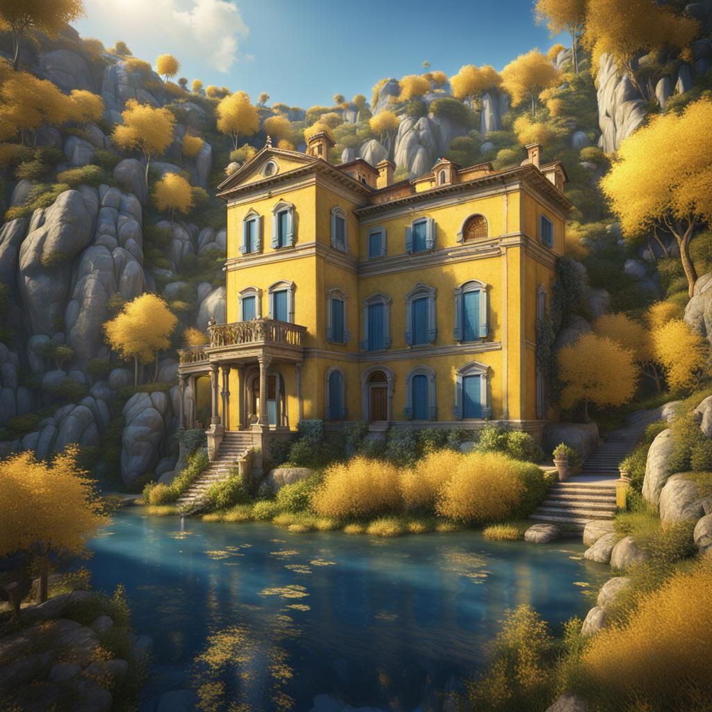 Italian Renaissance House with Lake and Hills