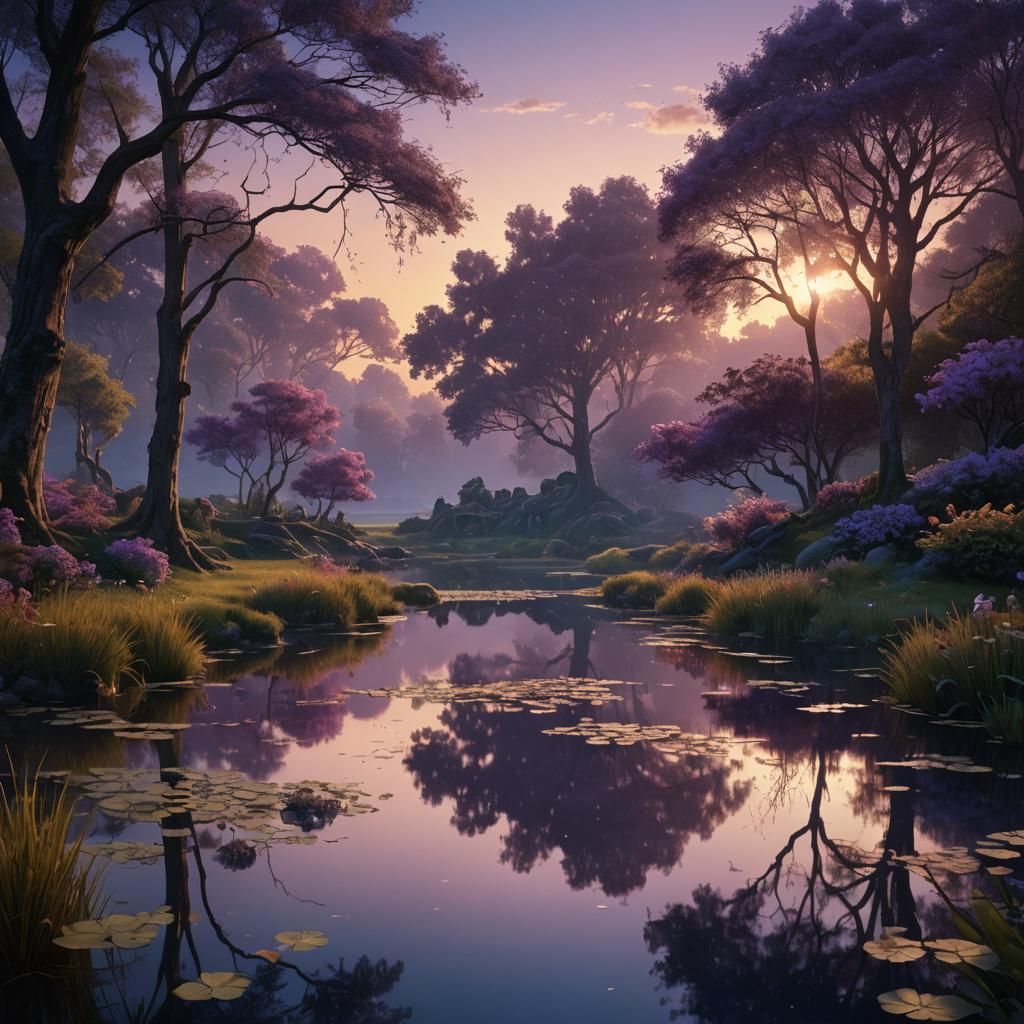 Serene Twilight Landscape Reflected in Tranquil Pond