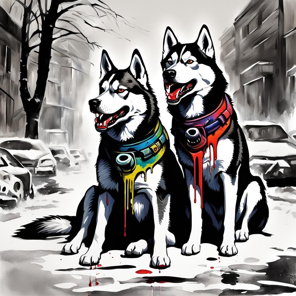 Fierce Husky War Dogs in Graffiti Art Style