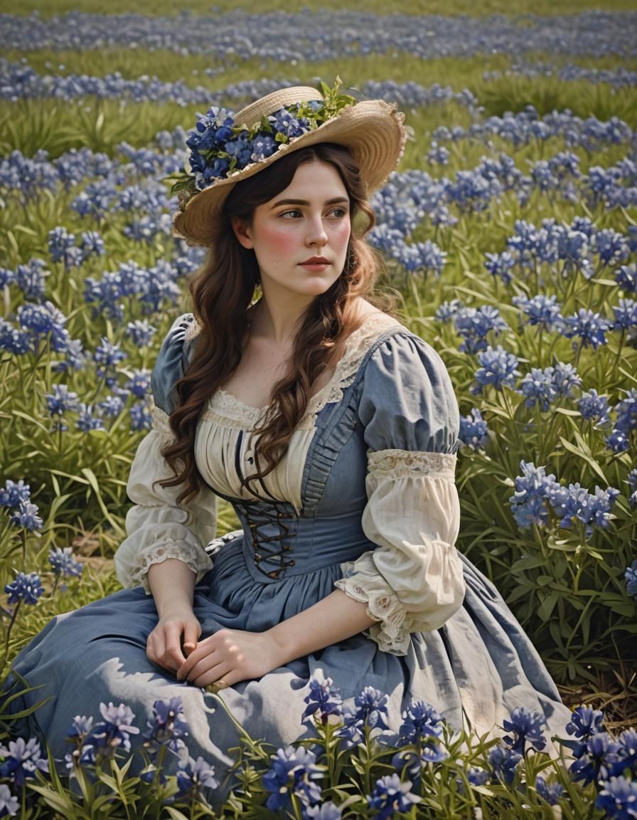 Victorian Woman in Bluebonnet Field Portrait