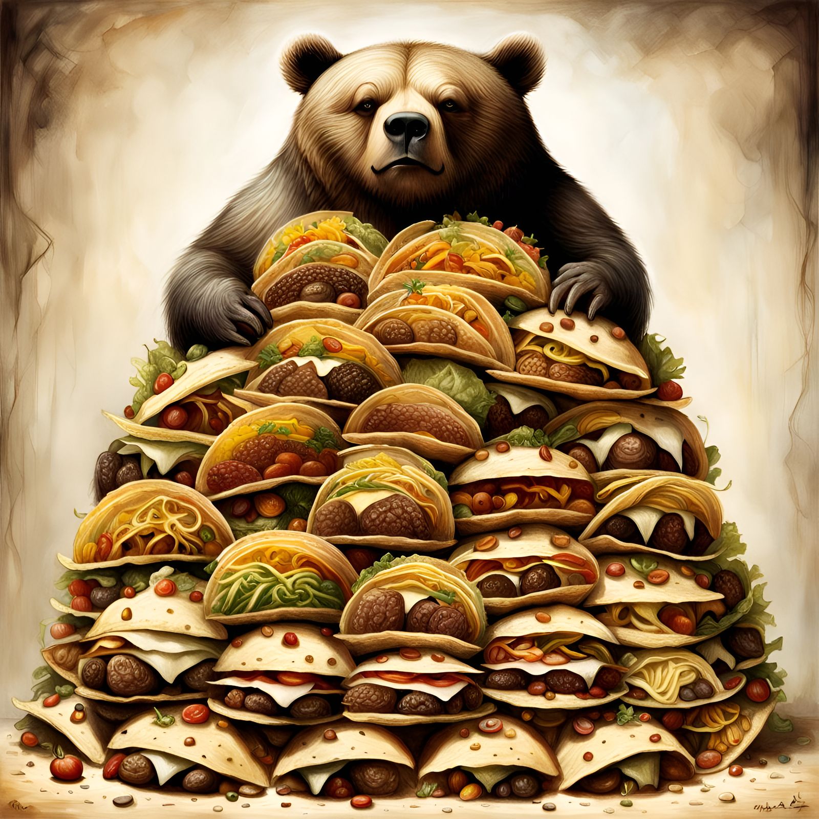 Obese Bear on Taco Pile: Hyperrealistic Digital Art
