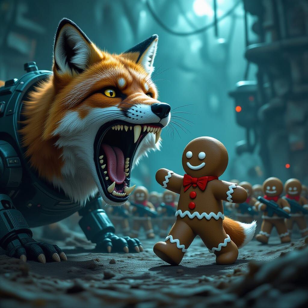 Gingerbread Man Enters Cybernetic Fox Mouth in Giger Style