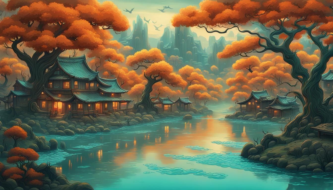 Yokai River Scene in Retro Visuals