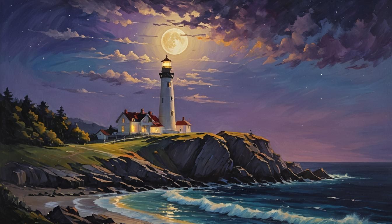 Moonlit Lighthouse Oil Painting