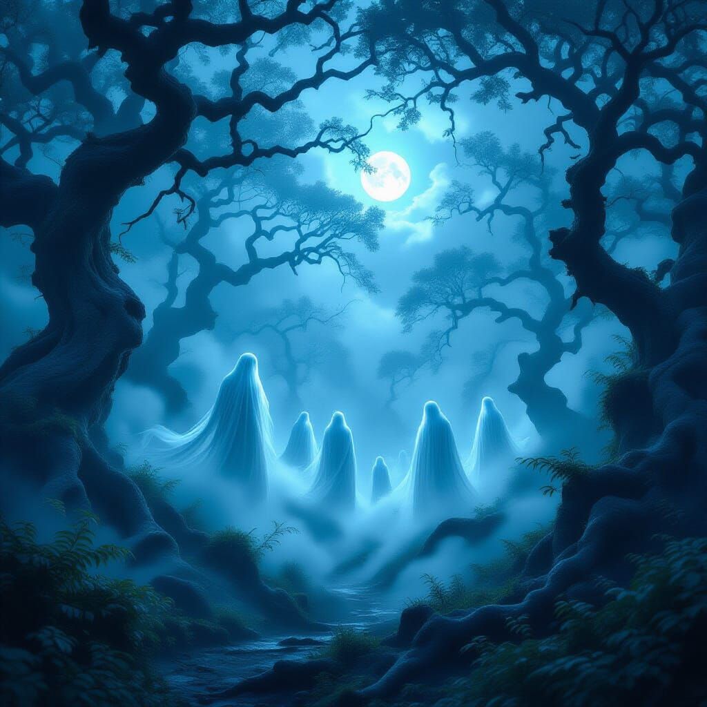 Ethereal Ghosts in Misty Twilight Forest