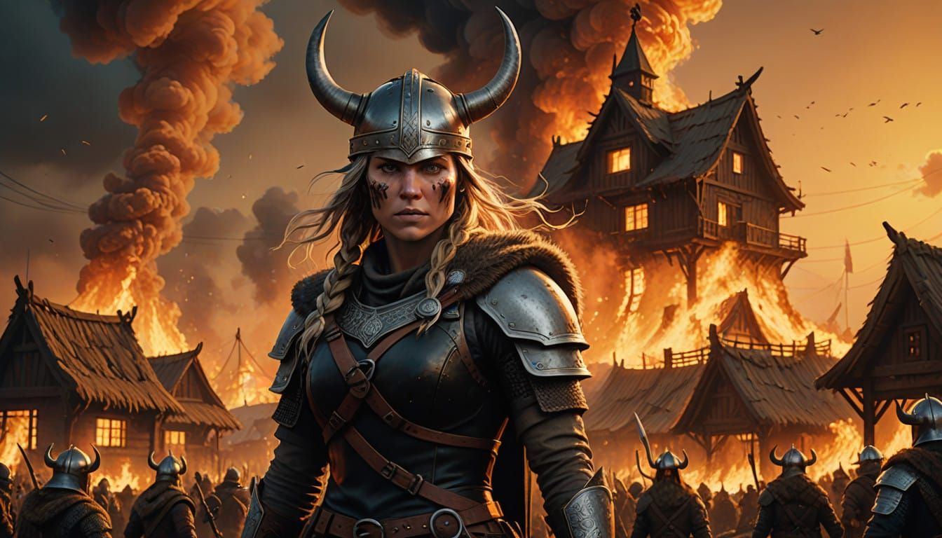 Viking Warrior Unleashes Battle Cry in Flames