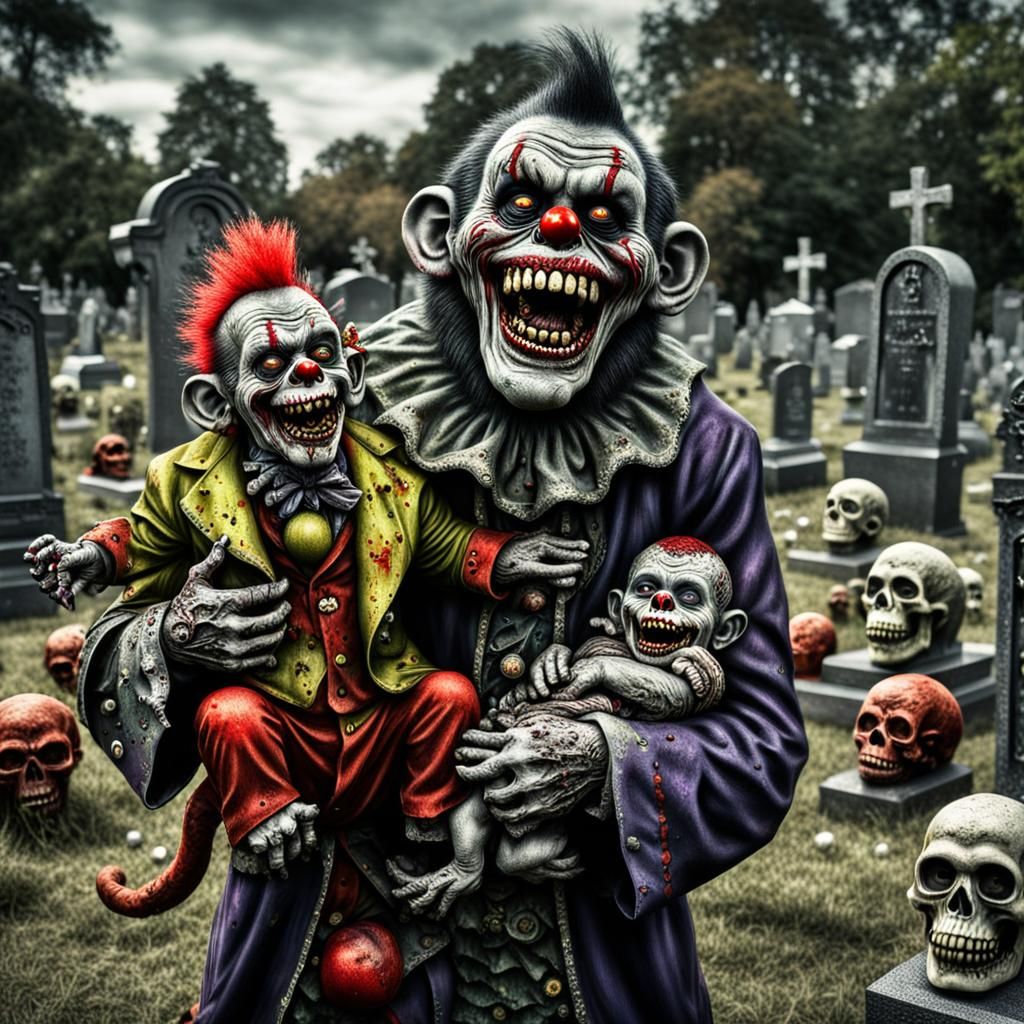 Zombie Monkey Clown Maniac in Graveyard