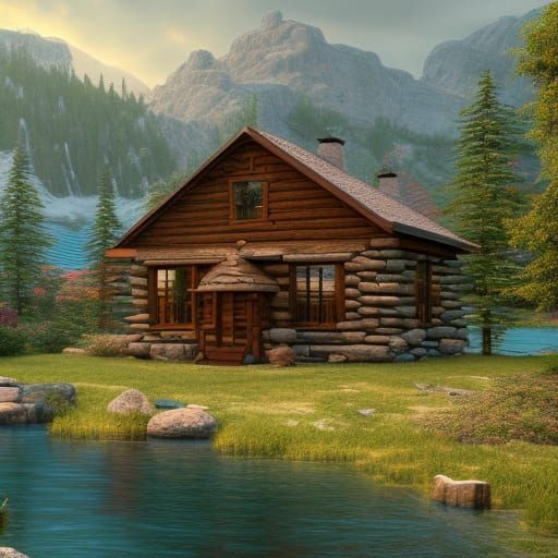Photorealistic Stone Cabin by Lake in Charming Colors