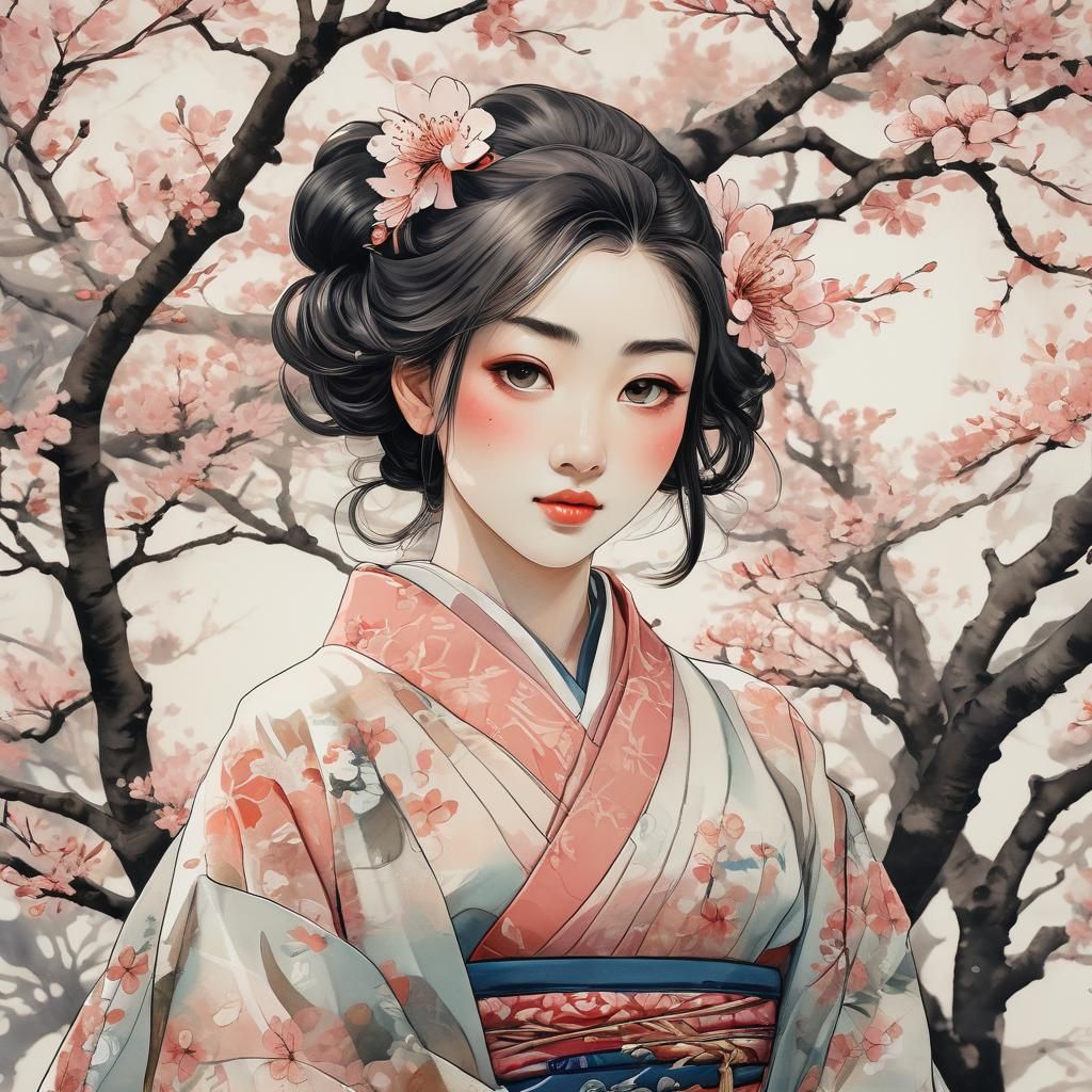 Japanese Girl Portrait in Ukiyo-e Style