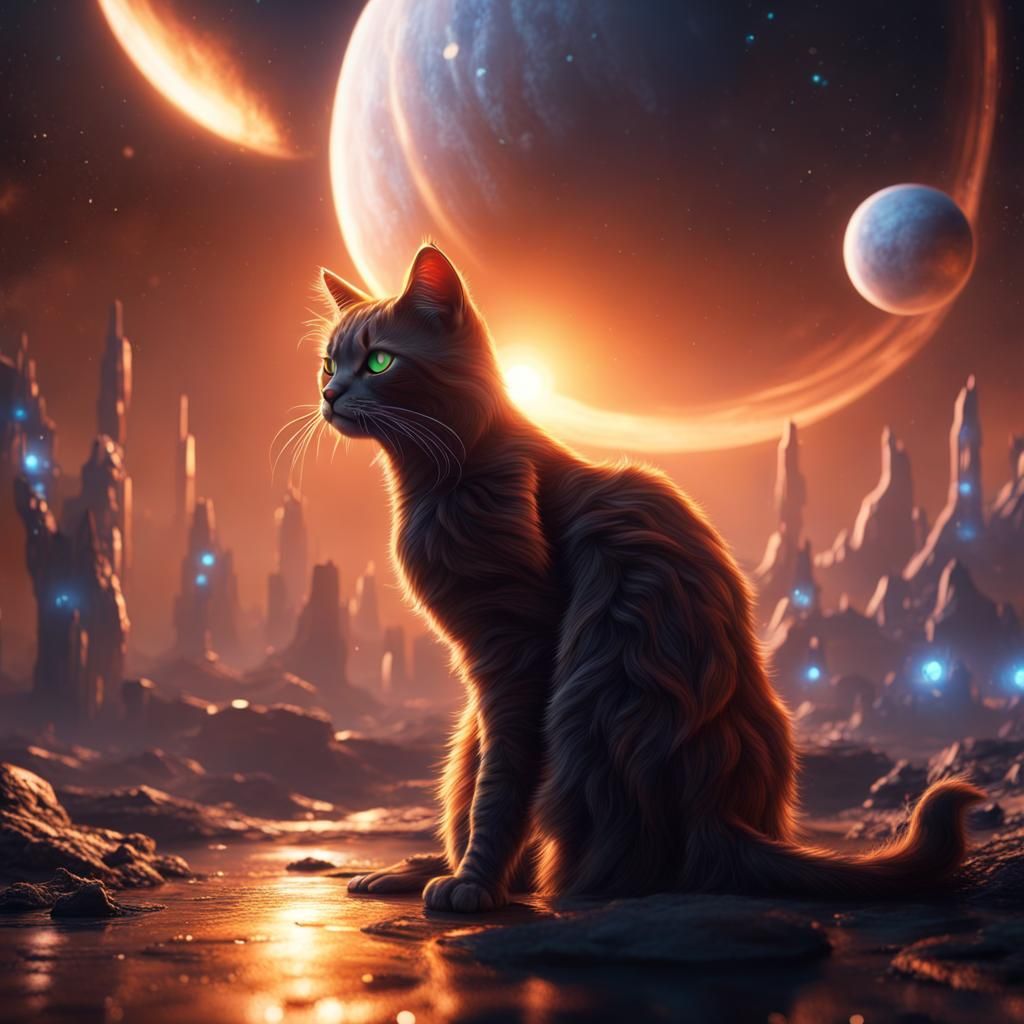 Fantastical Solar Cat System in Detailed Matte Painting