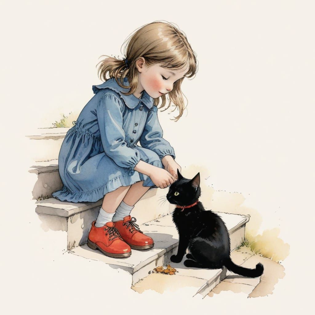A Little Girl and Her Feline Friend, in Whimsical Watercolor...