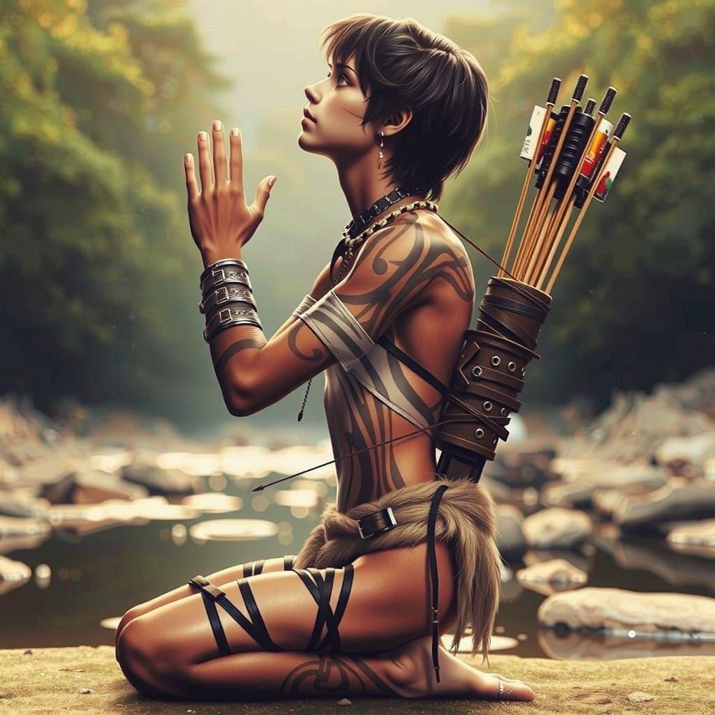 Camouflaged Hunter with Bow in Misty Forest