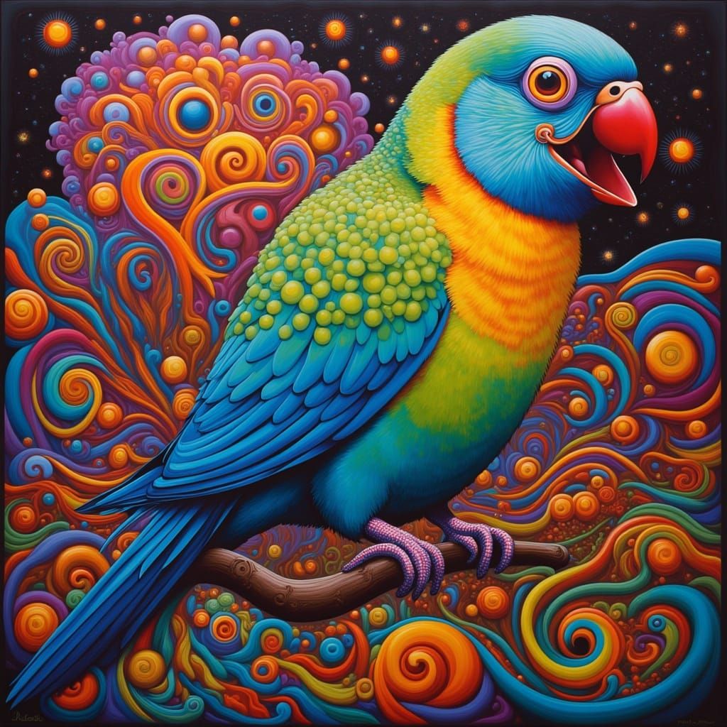 Cosmic Parakeet of Love in Psychedelic Style