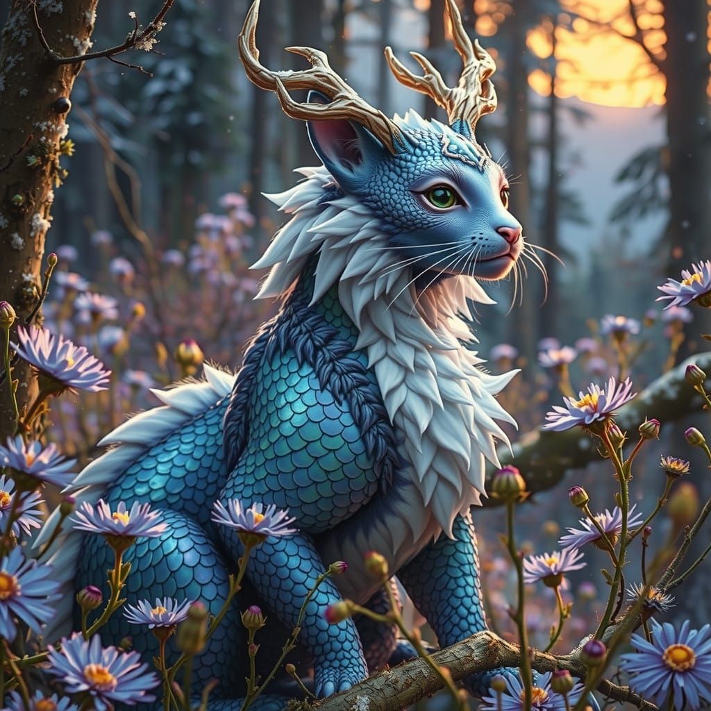 Mystical Dragon-Cat Amidst Winter Wonder