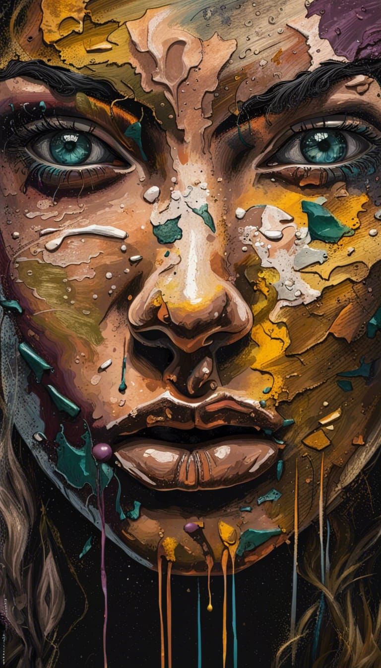 Grunge Woman Portrait with Oil Paint and Splash Art