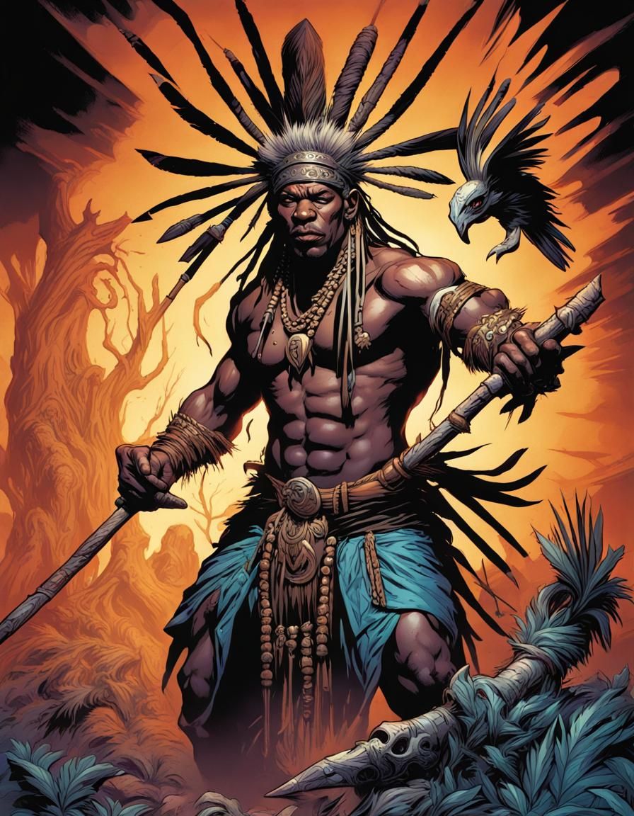 Tribal Warlock Witch Doctor in Comic Book Style