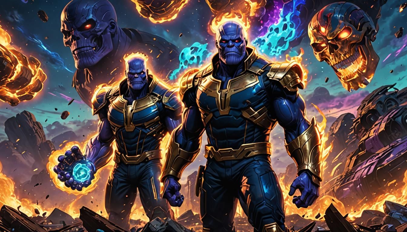 Thanos and Cosmic Ghost Rider in Anime Style