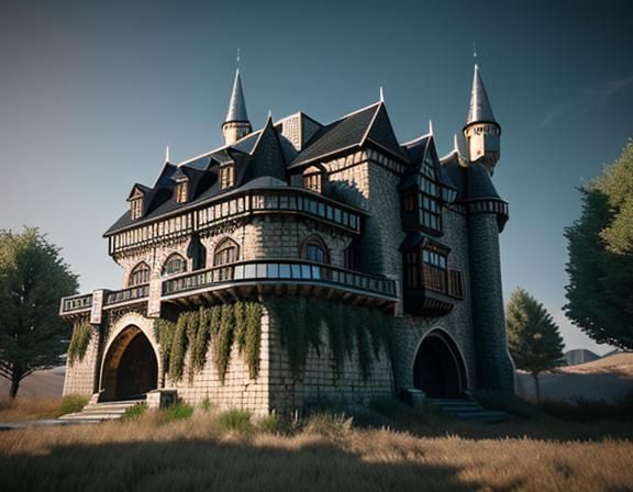 Surreal Scene of Futuristic Castle Amidst Modern Suburbs