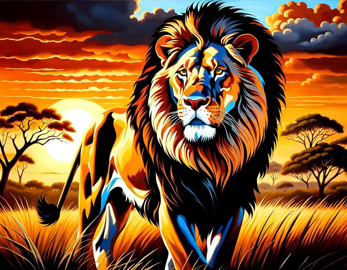 Majestic Lion Hunt in Hyperrealistic Oil Painting