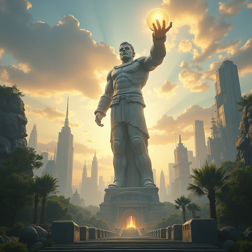 Monumental Statue in Futuristic Cityscape