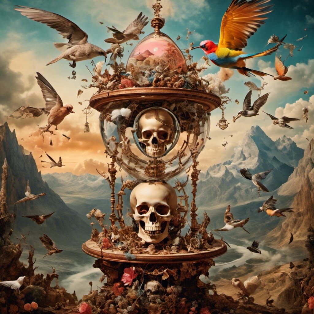 Surreal Photo Collage with Hourglass and Skull