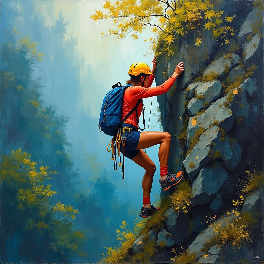 Climber Ascends Boulder in Abstract Expressionist Style