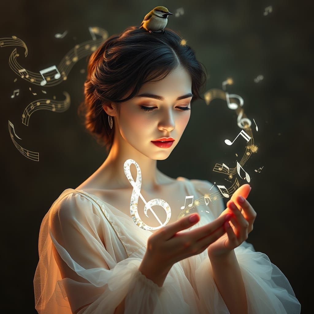 Stunning Young Woman in Hyper-Realistic Musical Composition