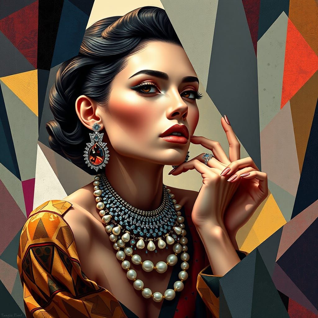 Stunning Woman in Neo-Cubist Art Deco Style