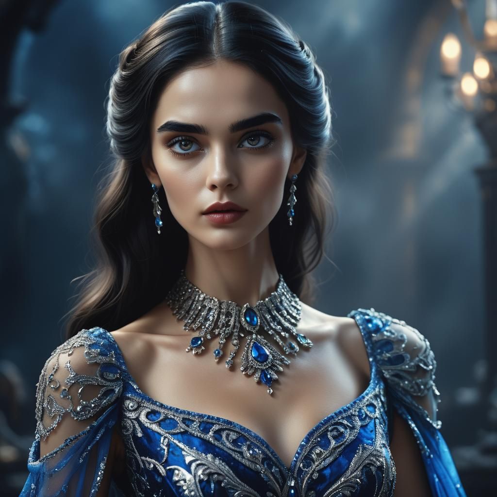 Ethereal Woman in Sapphire Regalia