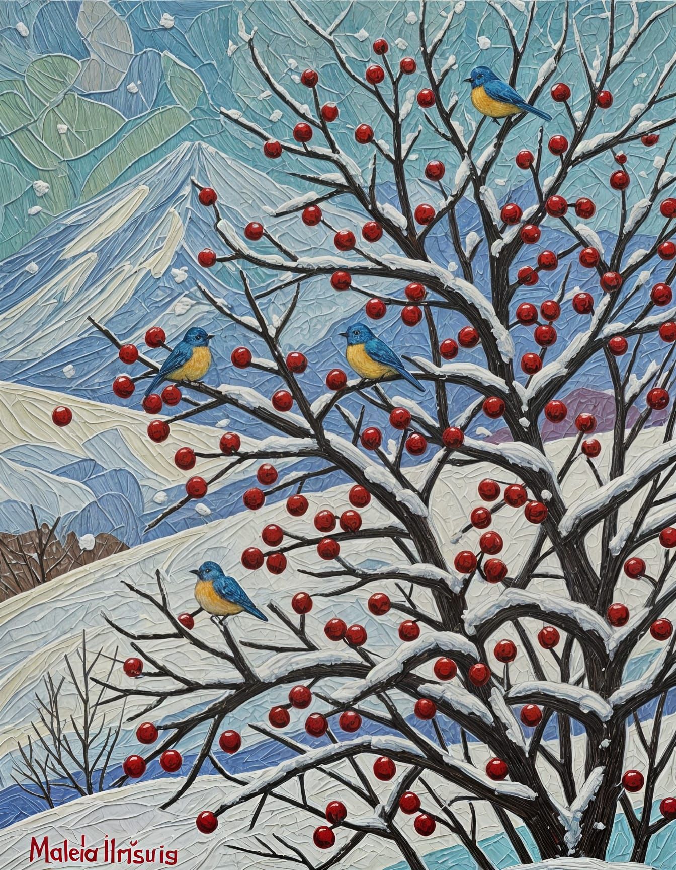 Winter Bluebirds and Red Berries in Mountain Valley Painting