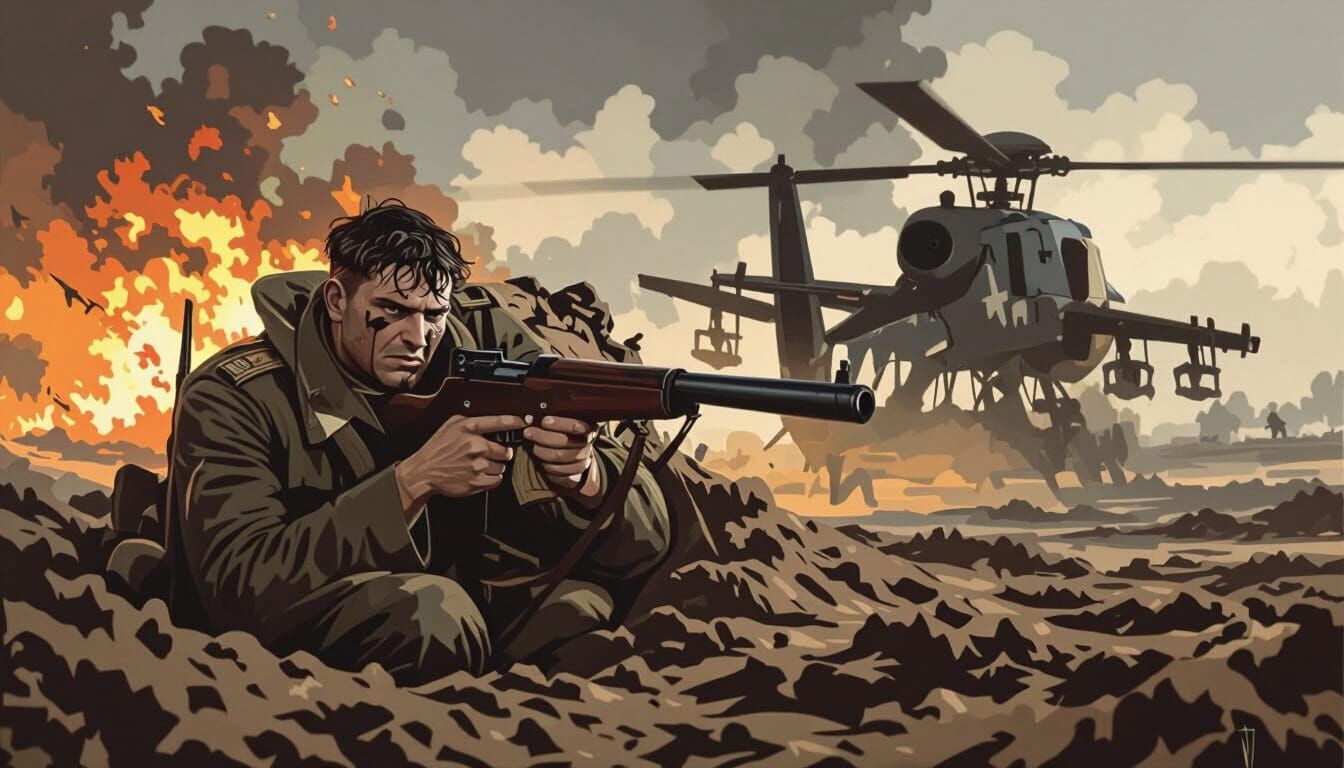 WWI Soldier in Muddy Trench, Realistic Oil Painting