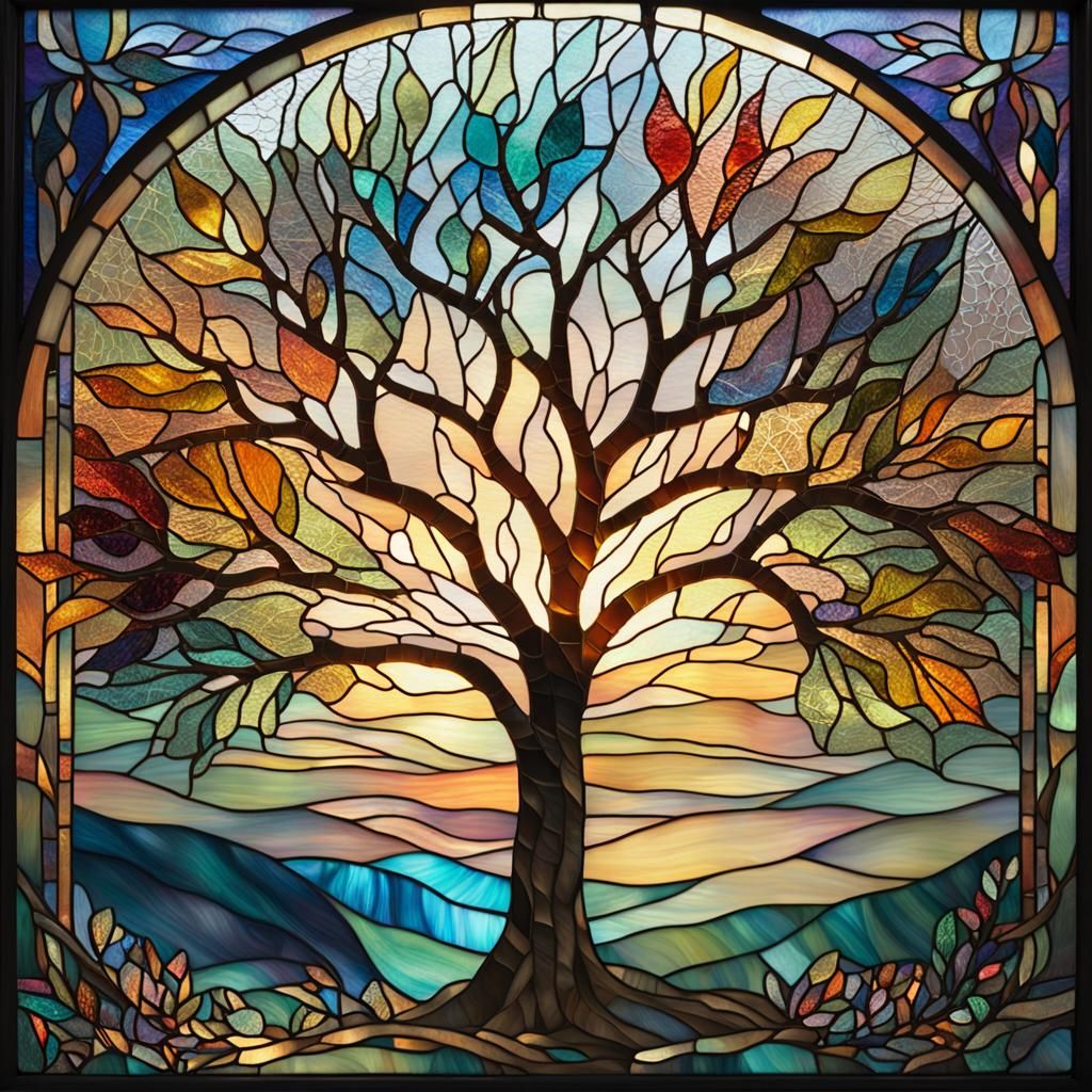 Luminous Stained Glass Tree with Radiant Foliage