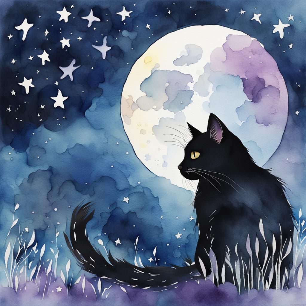 Black Cat and Moon in Watercolor Illustration
