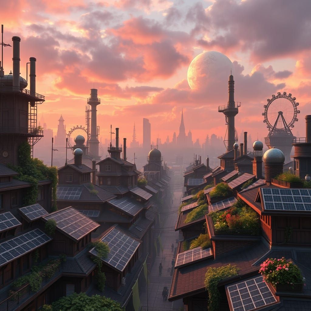 Steampunk Cityscape at Sunset: A Victorian Era Metropolis of...