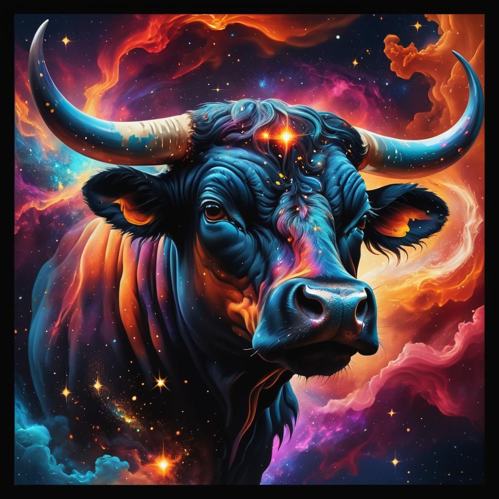 A majestic bull's head with a fiery aura in a swirling cosmos. Golden lighting. Blazing stars and galaxies in the backgr...