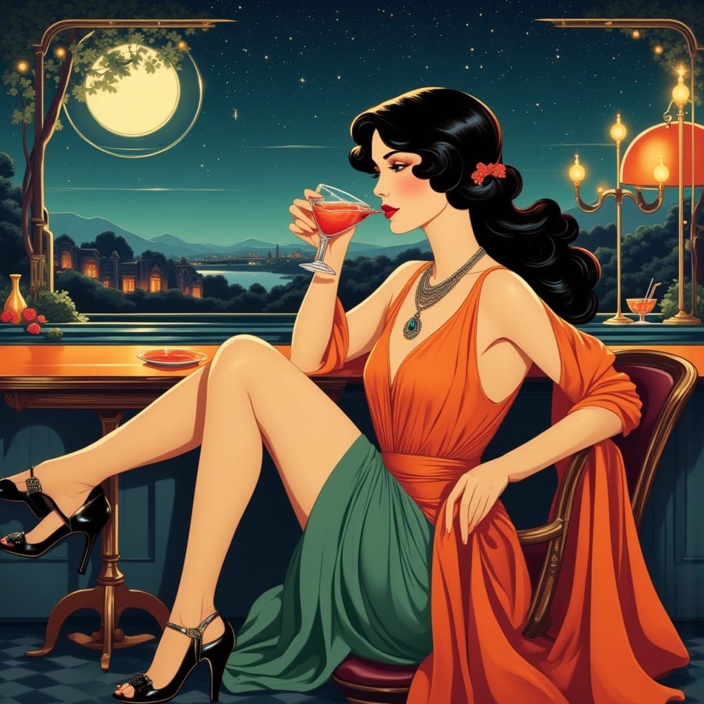 Art Deco Woman at Terrace Bar Under Starry Night