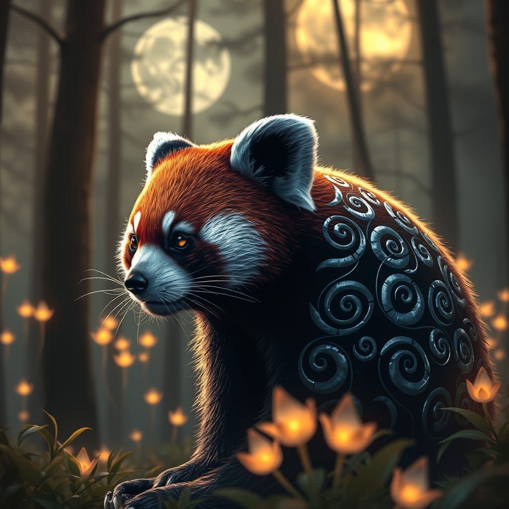 Silver Red Panda in Mystical Forest, Fantasy Concept Art