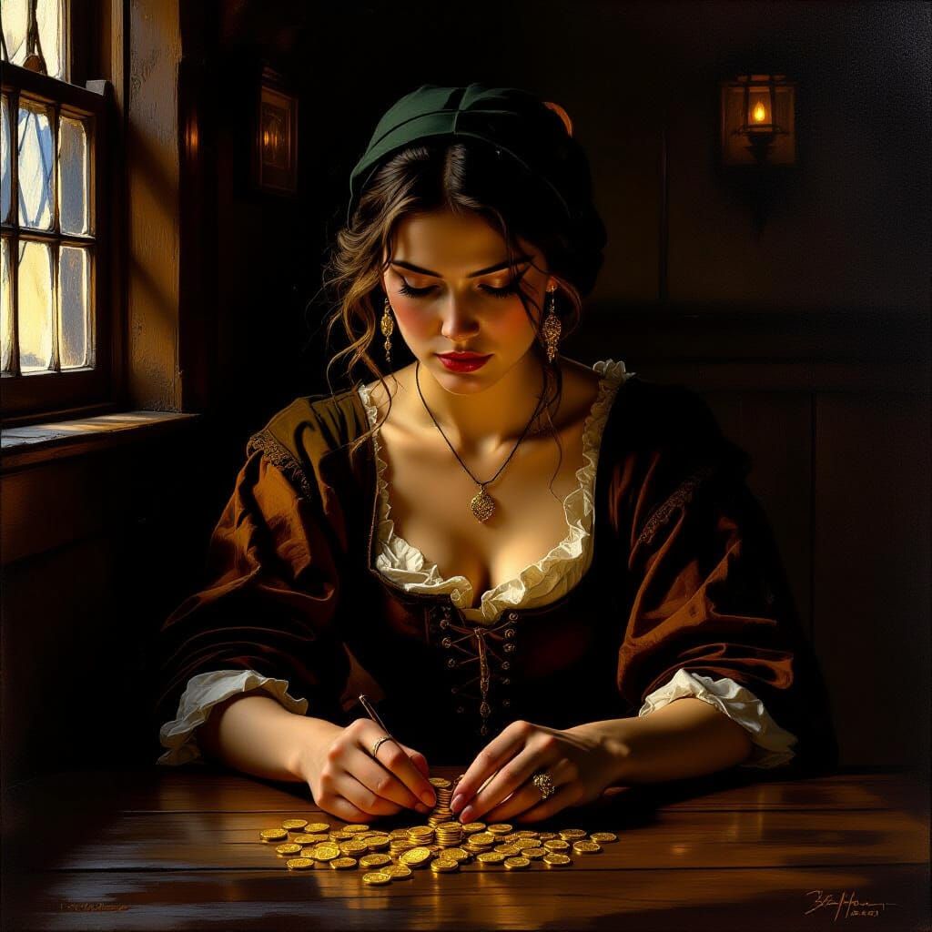 Female Thief Counting Coins in Dim Tavern Oil Painting