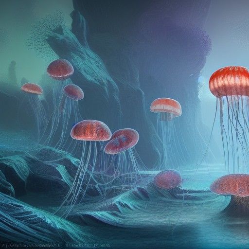 Jellyfish Dance: Detailed Matte Painting in Blue