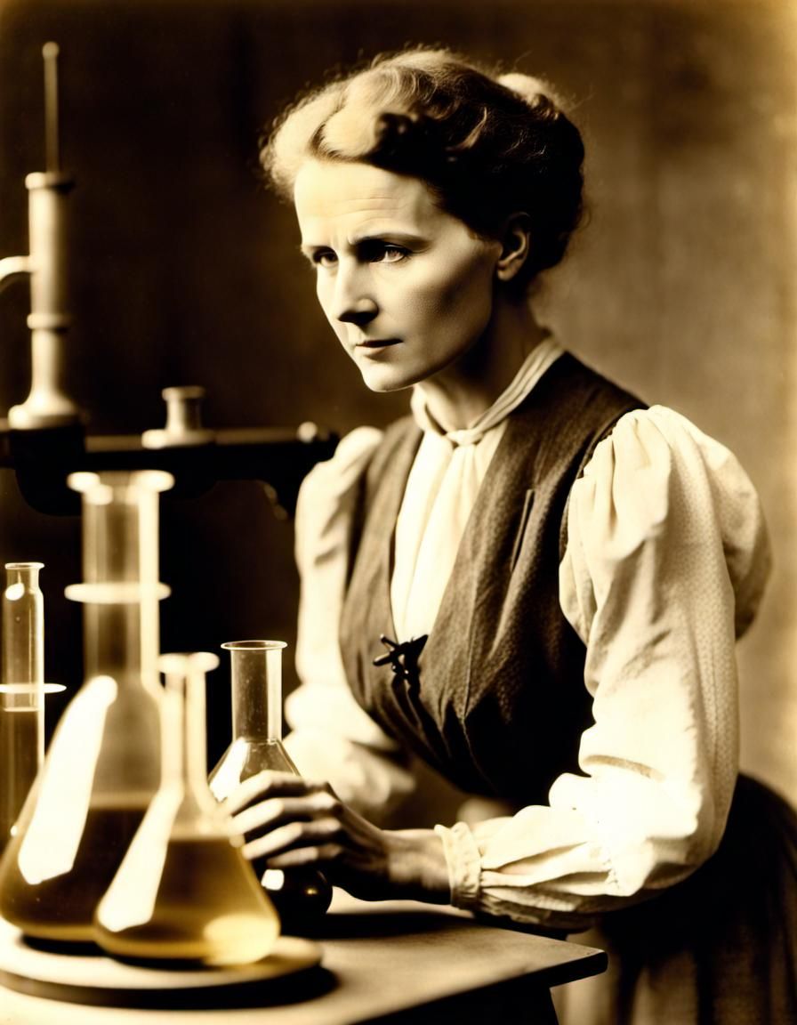 Marie Curie in Lab: Sepia Photograph