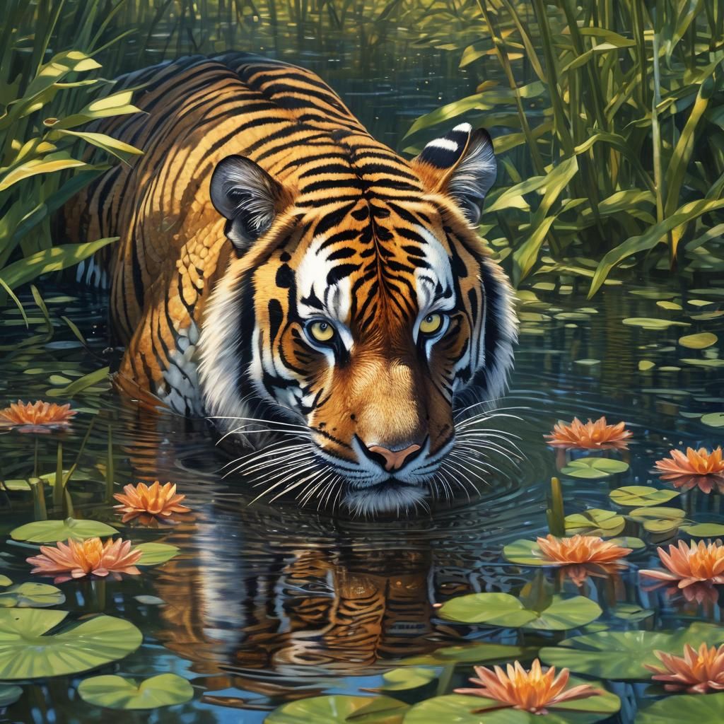 Pointillist Tiger Swimming in Mangrove Swamp