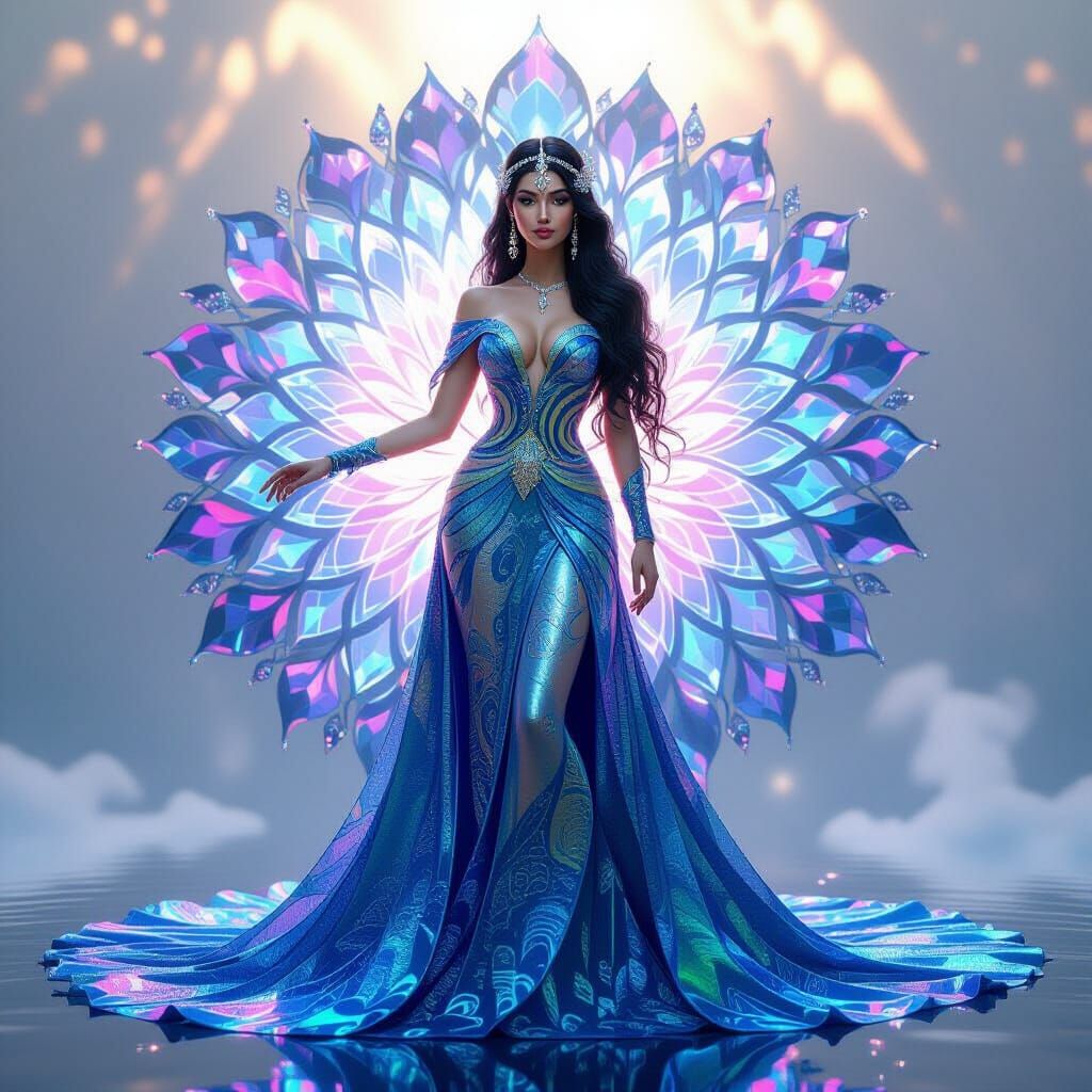 a digital artwork featuring a fantastical, ethereal scene. The central subject is a figure with a glowing, iridescent go...